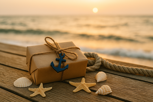Geschenkbox mit Anker-Anhänger auf Holzsteg am Meer bei Sonnenuntergang – maritime Geschenkidee stimmungsvoll in Szene gesetzt