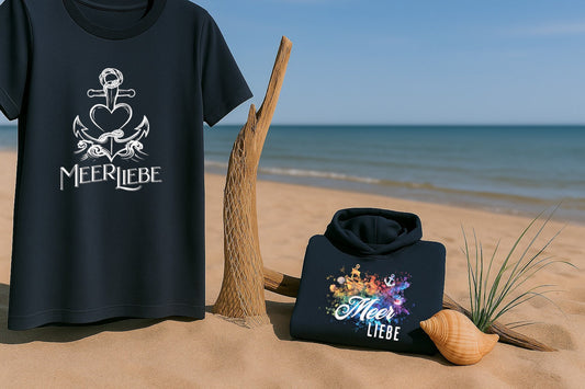 Maritimes T-Shirt und Hoodie am Strand mit Meerblick, dekoriert mit Muschel, Netz und Treibholz – ideal für sommerliche Outfits.