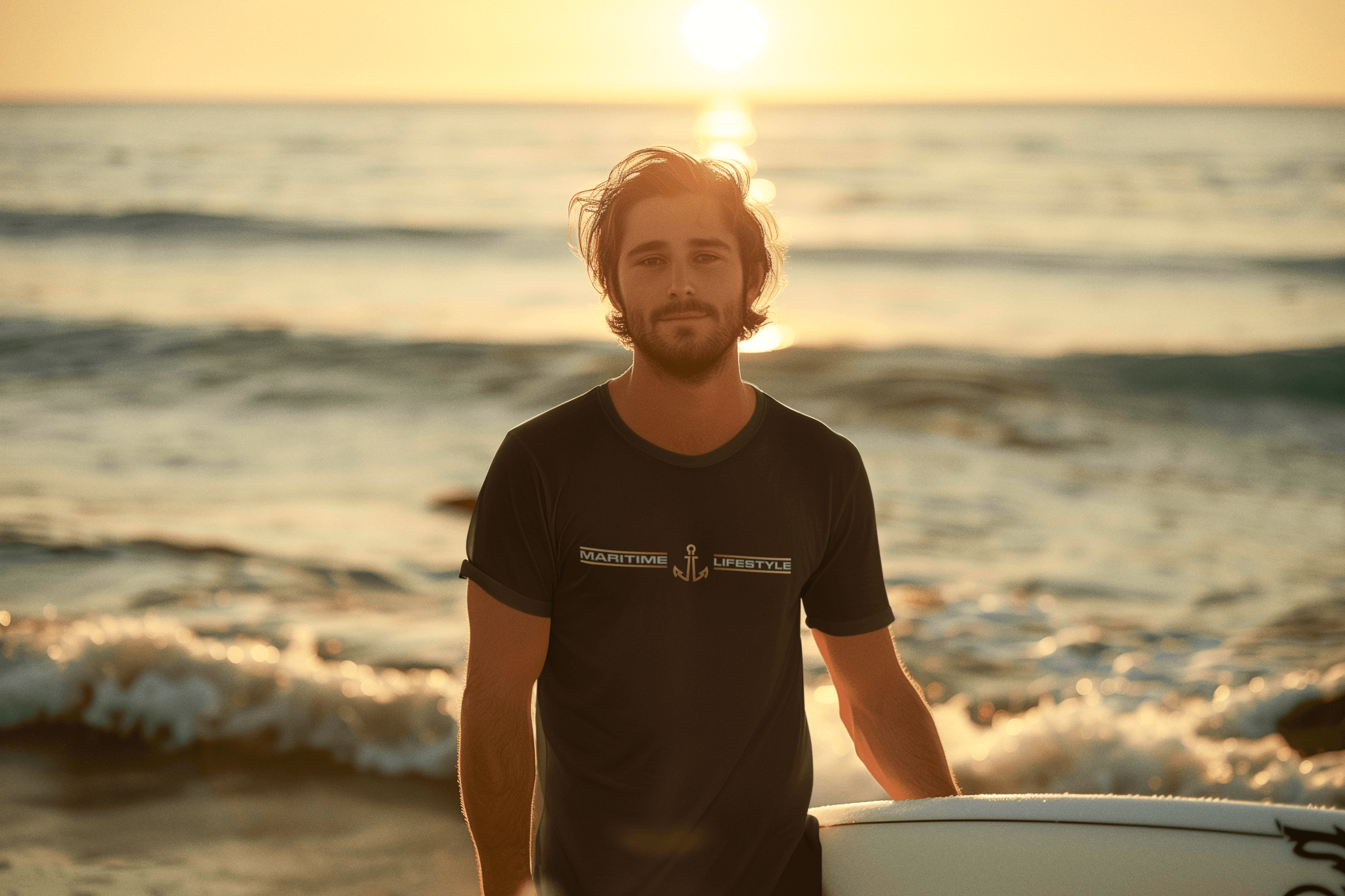 ein junger mann am strand mit einem Shirt mit Maritime Lifestyle Motiv aus dem bereich der maritimen mode für herren
